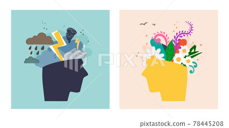 Two human heads expressing mental and psychological health. In one there is bad weather, clouds, lightning. In another, flower and plant. Before and after session of psychotherapy. Vector illustration 78445208