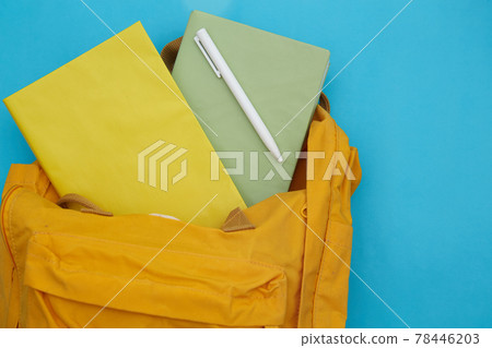 Back to school concept. Backpack with school supplies and books for study. Flat lay, top view Back to school concept. Backpack with school supplies and books for study. Flat lay, top view 78446203