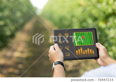 Farmer hands with digital tablet over gadren background Farmer hands with digital tablet over gadren background 78447214