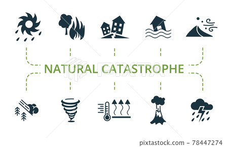 Natural Catastrophe icon set. Contains editable icons natural disaster theme such as earthquake, sandstorm, typhoon and more. 78447274