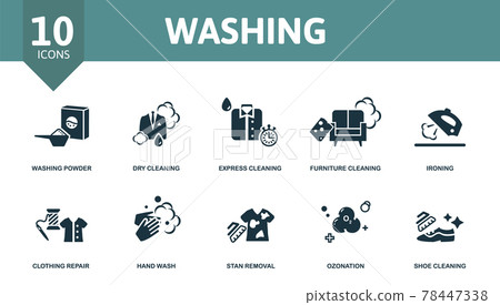 Washing icon set. Contains editable icons laundry theme such as washing powder, express cleaning, ironing and more. Washing icon set. Contains editable icons laundry theme such as washing powder, express cleaning, ironing and more. 78447338