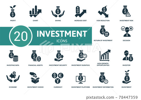 Investment icon set. Contains editable icons investment theme such as chart, increase cost, investment risk and more. Investment icon set. Contains editable icons investment theme such as chart, increase cost, investment risk and more. 78447359