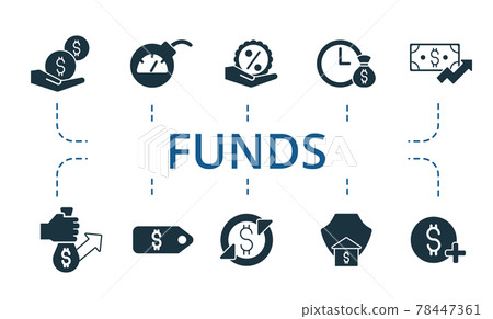 Funds icon set. Contains editable icons theme such as inflation, redemption, valuation and more. 78447361
