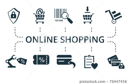 Online Shopping icon set Collection contain pack of pixel perfect creative icons. Online Shopping elements set Online Shopping icon set Collection contain pack of pixel perfect creative icons. Online Shopping elements set 78447456