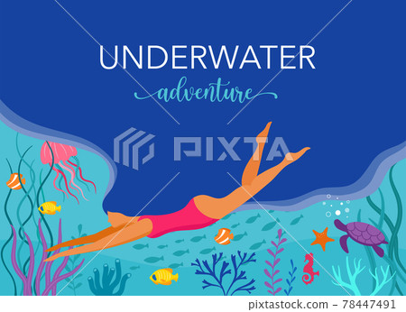 Woman diving with wild marine animals in ocean. Sea world, cute underwater creatures, coral reef 78447491