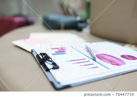 Clipboard with financial and commercial charts lies on sofa with handle 78447739