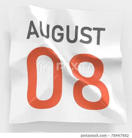 August 8 date on crumpled paper page of a calendar, 3d rendering 78447982