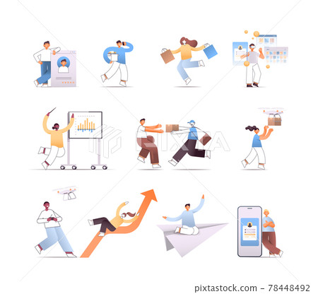 set businesspeople in different poses mix race people in various situations cartoon characters collection 78448492