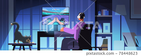 virtual gamer playing online video game on computer man in headphones sitting in front of monitor virtual gamer playing online video game on computer man in headphones sitting in front of monitor 78448623