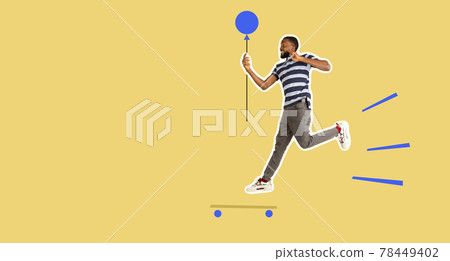 Jumping, running afro man. Collage in magazine style with bright background. Flyer with trendy colors, copyspace for ad. Jumping, running afro man. Collage in magazine style with bright background. Flyer with trendy colors, copyspace for ad. 78449402