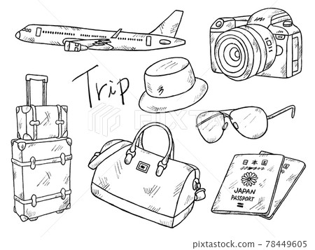 Black and white handwritten illustration image of travel and overseas travel 78449605