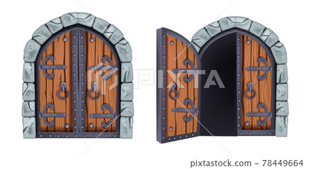 Castle gate vector illustration, medieval wooden city entrance, closed and opened vintage door Castle gate vector illustration, medieval wooden city entrance, closed and opened vintage door 78449664