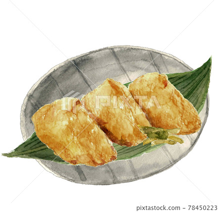 Watercolor illustration: 3 inari-zushi on a plate with bamboo pickles Food lunch white background PNG 78450223