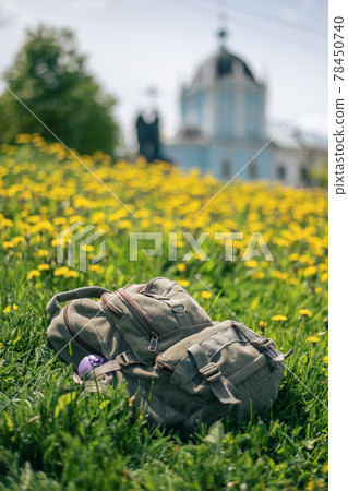 Camping Fabric Khaki Color Backpack in Kolomna on Dandelions Field 78450740