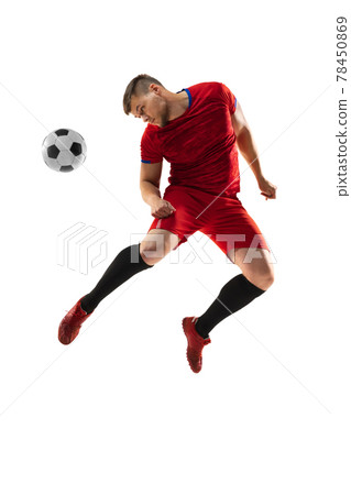 Powerful, flying above the field. Young football, soccer player in action, motion isolated on white background . Powerful, flying above the field. Young football, soccer player in action, motion isolated on white background . 78450869