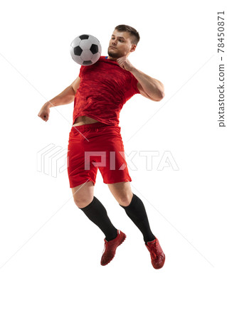 Powerful, flying above the field. Young football, soccer player in action, motion isolated on white background . Powerful, flying above the field. Young football, soccer player in action, motion isolated on white background . 78450871