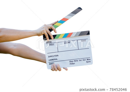 Hand holding film slate colors board for movie cinema and television on white background Hand holding film slate colors board for movie cinema and television on white background 78452046