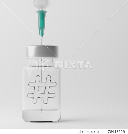 3D rendering Covid-19 vaccine syringe with Hashtag symbol in bottle, online Social network Vaccination Campaign for Herd immunity protection concept design on grey gradient background with copy space 3D rendering Covid-19 vaccine syringe with Hashtag symbol in bottle, online Social network Vaccination Campaign for Herd immunity protection concept design on grey gradient background with copy space 78452339