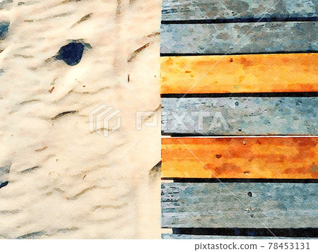 Detail of the wooden walkway leading to the beach with some footprints in the sand beside it. Digital watercolors Detail of the wooden walkway leading to the beach with some footprints in the sand beside it. Digital watercolors 78453131