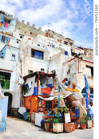 A glimpse of the traditional buildings of the fishing village on the island of Procida in Italy. Digital painting. A glimpse of the traditional buildings of the fishing village on the island of Procida in Italy. Digital painting. 78453160