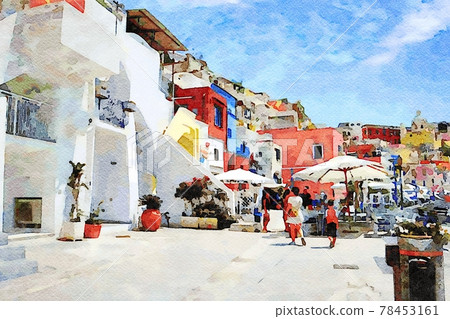 A glimpse of the traditional buildings of the fishing village on the island of Procida in Italy. Digital painting. A glimpse of the traditional buildings of the fishing village on the island of Procida in Italy. Digital painting. 78453161