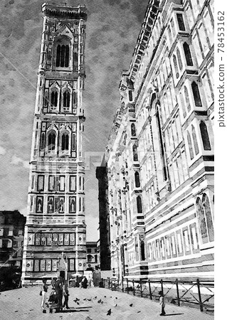 A black and white view of the facade and tower of the Florence cathedral. Digital painting. A black and white view of the facade and tower of the Florence cathedral. Digital painting. 78453162