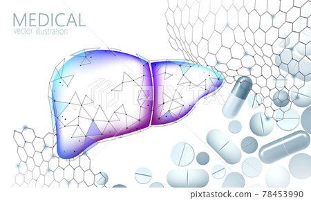 3D medicine liver medical treatment. Hepatitis warning human health diagnostics cirrhosis organ system. Medical therapy digestive infection virus protect drug concept. Low poly vector illustration 78453990