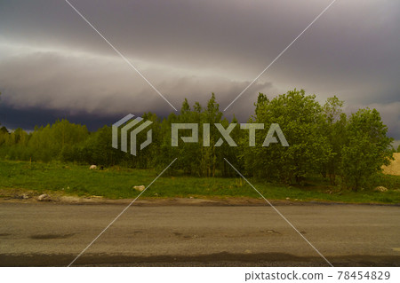 Black storm clouds over dirt road and trees Black storm clouds over dirt road and trees 78454829