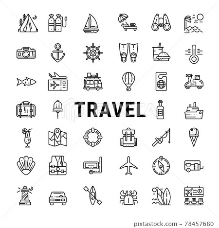 Vector Travel Line Icons: Beach, Camping, Mountains Journey 78457680