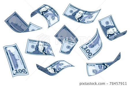 Illustration of US hundred dollar bills flying in various shapes. 78457911