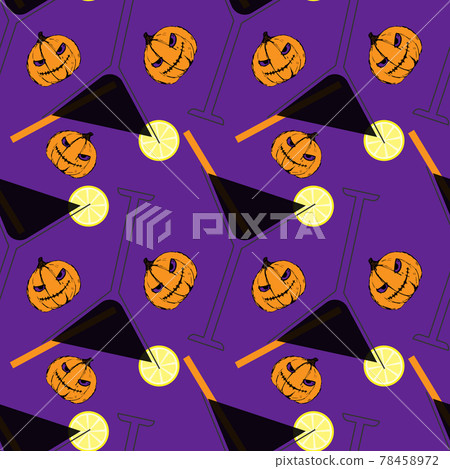 Pattern Halloween black martini, lemonade, with lemon, pumpkin hand drawing. For banner, background, textile, backdrop. 78458972