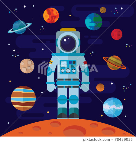 Vector flat space elements with astronaut and... - Stock Illustration ...