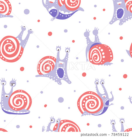 Cute Snail Character as Gastropod with Coiled Shell in Vector Seamless Pattern Cute Snail Character as Gastropod with Coiled Shell in Vector Seamless Pattern 78459122