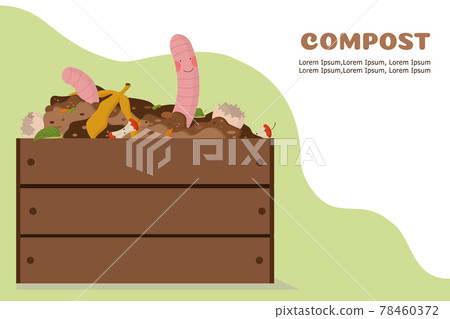 a worm in a compost wooden box is happy to recycle food waste. Organic recycling banner concept. Vector image. 78460372
