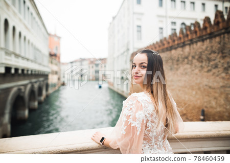 Beauty portrait of bride wearing fashion wedding dress with feathers with luxury delight make-up and hairstyle Beauty portrait of bride wearing fashion wedding dress with feathers with luxury delight make-up and hairstyle 78460459