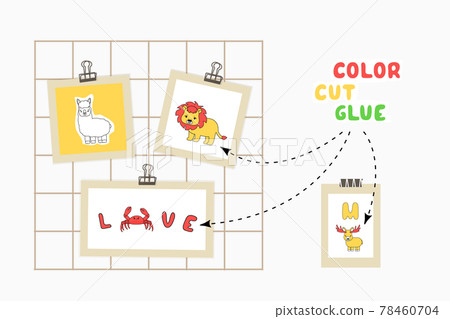 Print color cut glue paper game for children development. Cut Alphabet cards parts, color, glue on the paper. Vector illustration presentation of Love, crab, lion, alpaca, moose on mood board 78460704