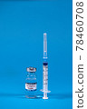 virus 2019-nCoV defeated. Invented coronavirus covid-19 vaccine in glass medicine bottle, syringe for injection on blue background with space for text. Concept of victory over epidemic of Sars-nCoV-2 78460708
