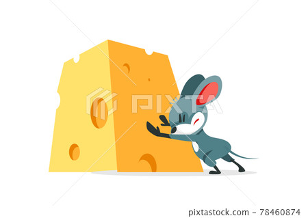 The cartoon mouse wants to steal the cheese and struggles to push the big heavy cheese. Vector illustration isolated on white background The cartoon mouse wants to steal the cheese and struggles to push the big heavy cheese. Vector illustration isolated on white background 78460874