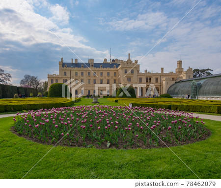 View of Lednice castle with beautiful park and garden in spring, Neo-gothic palace in South Moravia,Czech Republic View of Lednice castle with beautiful park and garden in spring, Neo-gothic palace in South Moravia,Czech Republic 78462079