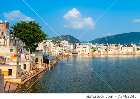 Ghats at Pushkar lake in India 78462245