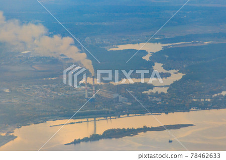 Aerial view of the Dnieper river and factory chimneys near Kiev, Ukraine 78462633
