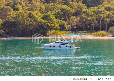 White luxury yacht sailing in the Mediterranean sea in Kemer, Antalya province, Turkey. Turkish Riviera 78462657