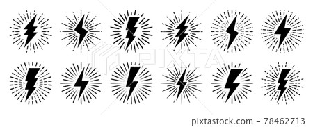 Set of vintage lightning bolts and sun rays isolated on white background. Lightnings with sunburst Set of vintage lightning bolts and sun rays isolated on white background. Lightnings with sunburst 78462713