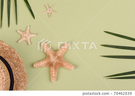 Beach accessories: glasses and hat with shells and sea stars on a colored background. Summer background 78462839