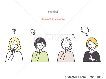 Icon set of troubled and worried senior women (image illustration of doubts, worries, and troubles) 78464042