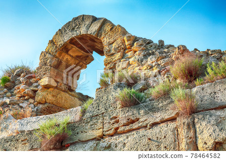 Awesome sunset over ruins of ancient city Tauric Chersonese - national historical and archaeological reserve. Awesome sunset over ruins of ancient city Tauric Chersonese - national historical and archaeological reserve. 78464582