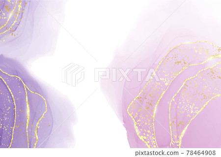 Abstract purple liquid watercolor background with golden stain and lines. Violet geode hand drawn flow alcohol ink effect. Vector illustration design template for wedding invitation 78464908