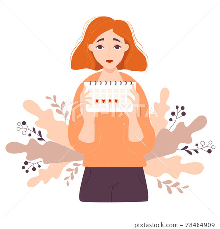 Girl looking at calendar. A beautiful red-haired girl holds in her hands a calendar of female menstrual cycle against a pattern of leaves. Vector illustration. Womens health concept 78464909