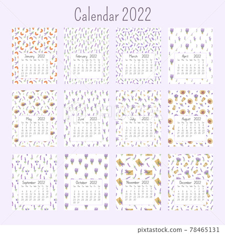 Calendar pages for the year 2022 watercolor floral seamless illustration background, printable page, hand drawn pattern of French Provence lavender flowers, souvenirs of summer and vacations 78465131