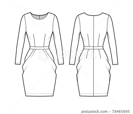 Dress tulip technical fashion illustration with long sleeves, fitted body, knee length peg-top pencil skirt Flat apparel Dress tulip technical fashion illustration with long sleeves, fitted body, knee length peg-top pencil skirt Flat apparel 78465695